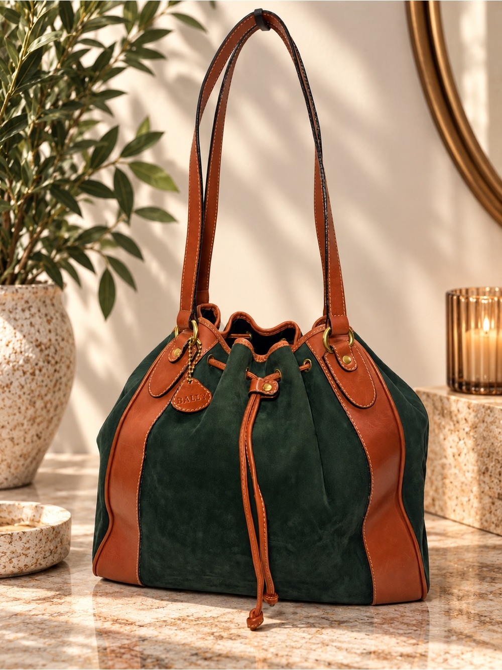 Bally Vintage Foxglove Nubuck Suede Bucket Bag Made in USA Green Leather